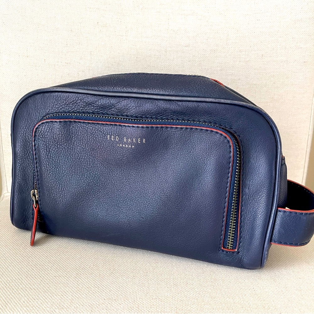 Ted Baker Navy Leather Toiletry Wash Bag